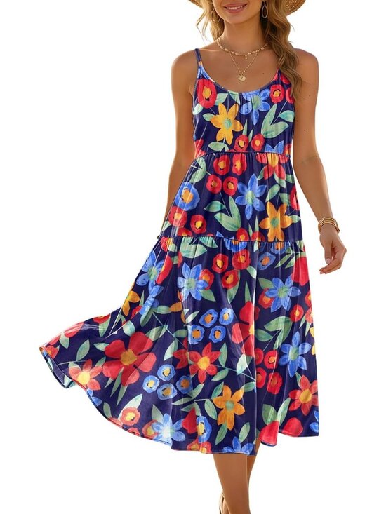 Dresses & Skirts - Women's Floral Navy stable Spaghetti Strap Sundress Boho Casual Flow Midi Dress